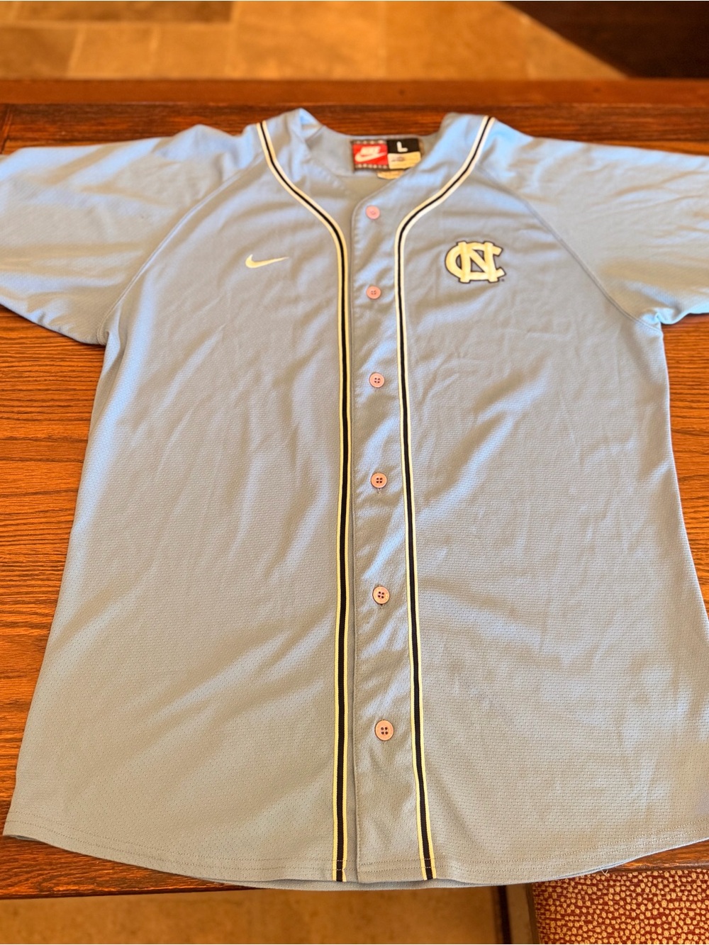 Nike Carolina Blue Baseball Jersey with White NC Logo